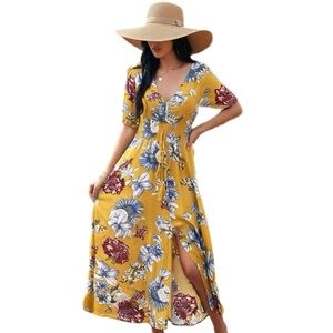 Boho Summer V Neck Floral Short Sleeve Slit Maxi Long Dress Yellow Multi Nwt